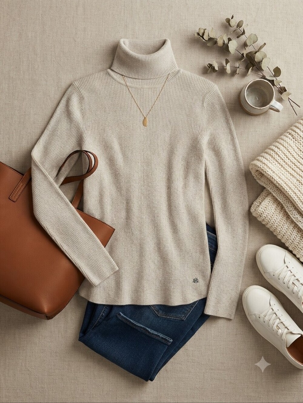 Lauren Ralph Lauren Beige Ribbed Knit Long Sleeve Turtleneck Blouse Top